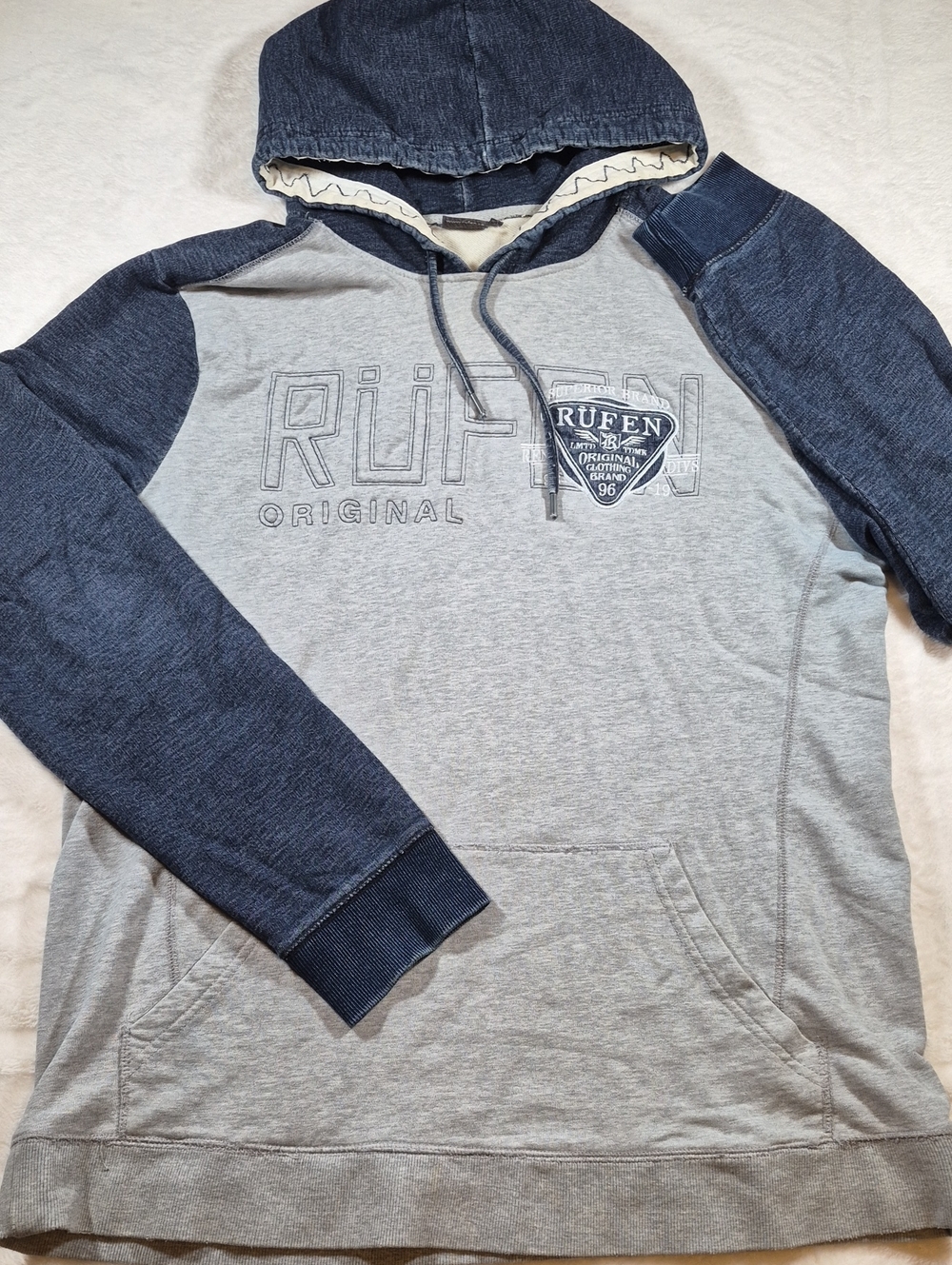 Two-Tone Hooded Sweatshirt - Light Gray & Navy Sleeves